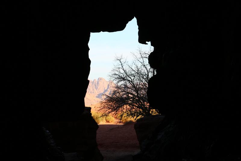 Looking out of a desert cave in Wadi Rum