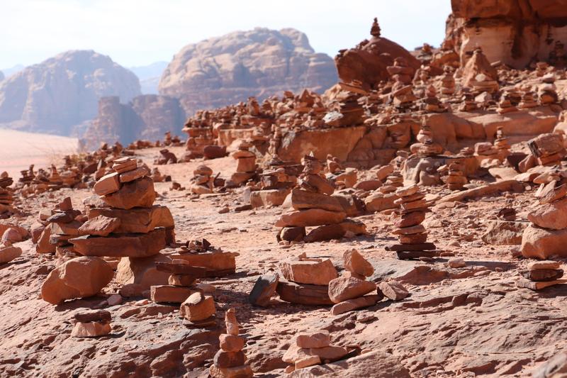 Stone cairns along a desert trail in Wadi Rum