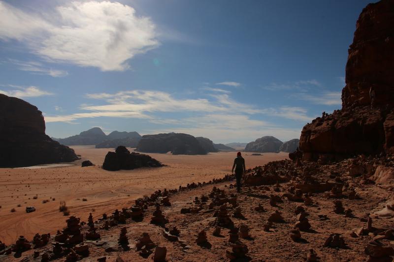 A hiker on a ridge above the desert