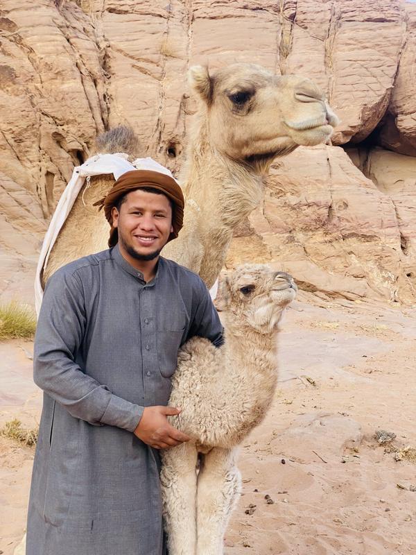 Zayed with a young camel in Wadi Rum